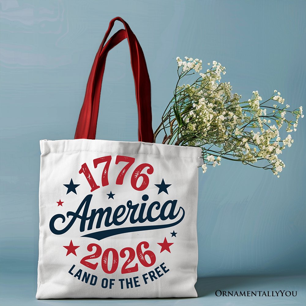 Patriotic America 1776-2026 Land of the Free Canvas Tote Bag, 250 Year Independence Day Celebration Gift