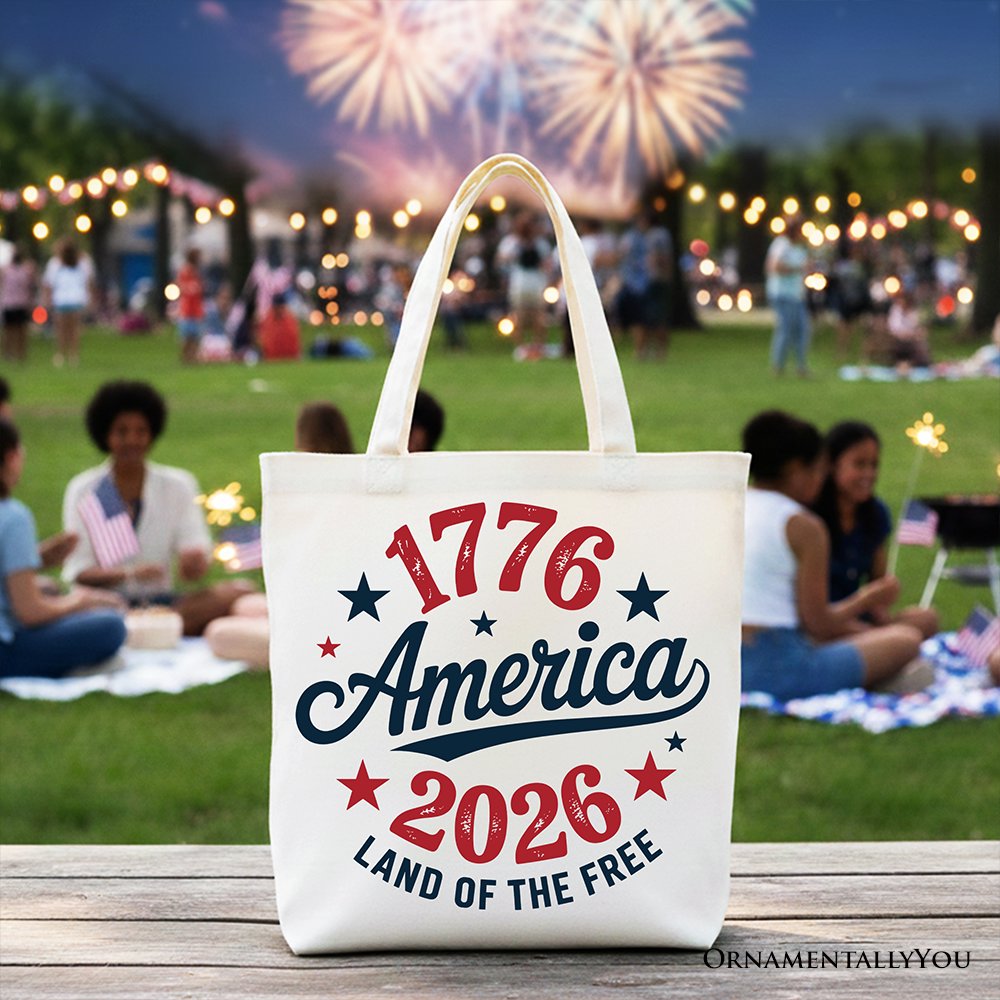 Patriotic America 1776-2026 Land of the Free Canvas Tote Bag, 250 Year Independence Day Celebration Gift
