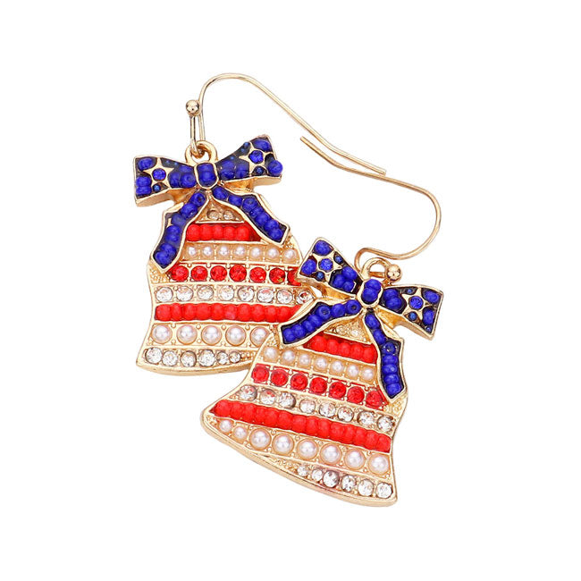 American USA Flag Bow Bell Dangle Earrings