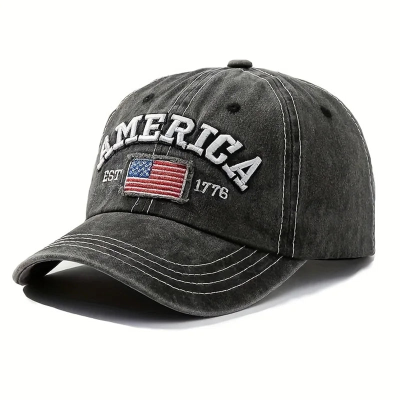 Vintage USA Flag Embroidered Baseball Cap - Bold Lettering, Distressed