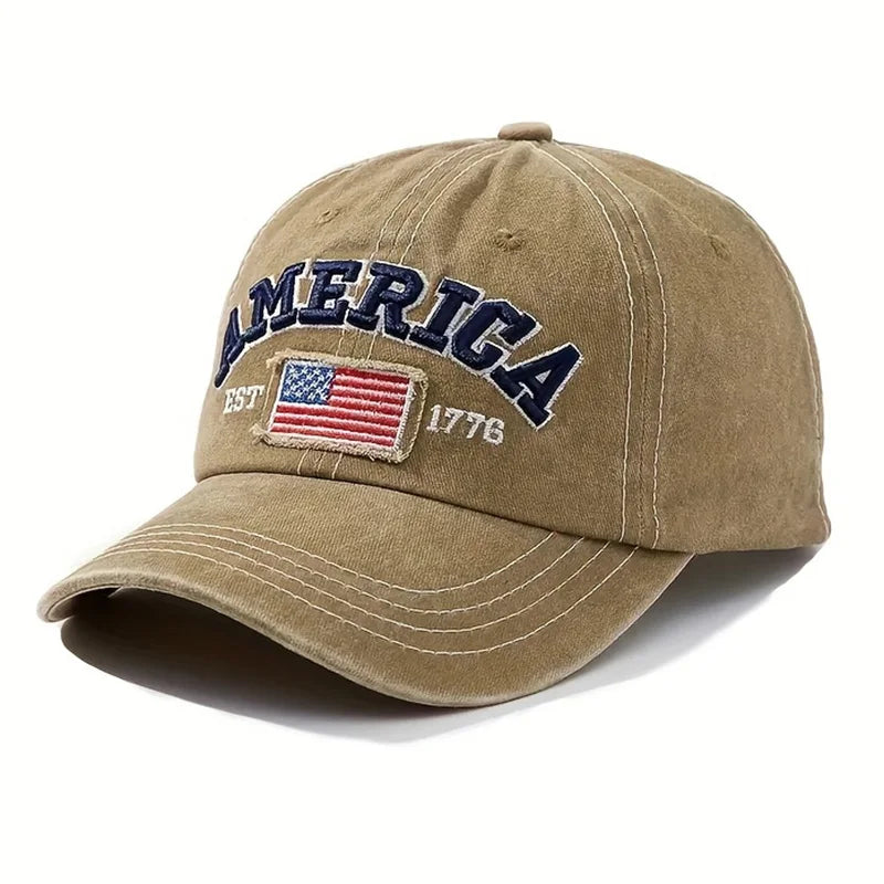 Vintage USA Flag Embroidered Baseball Cap - Bold Lettering, Distressed