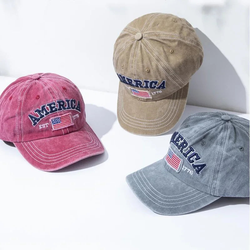 Vintage USA Flag Embroidered Baseball Cap - Bold Lettering, Distressed