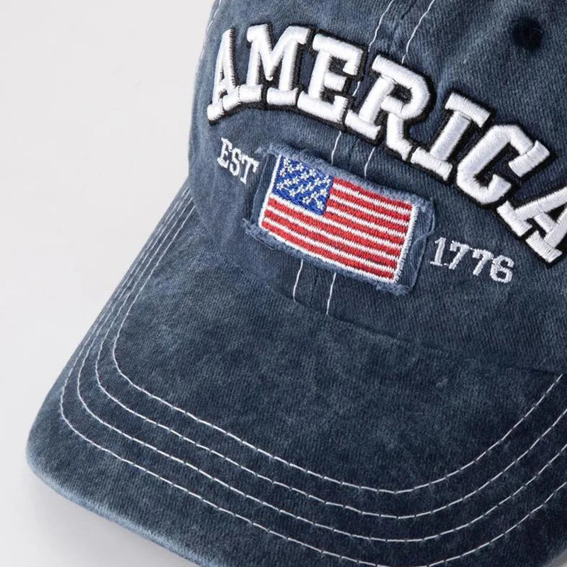 Vintage USA Flag Embroidered Baseball Cap - Bold Lettering, Distressed